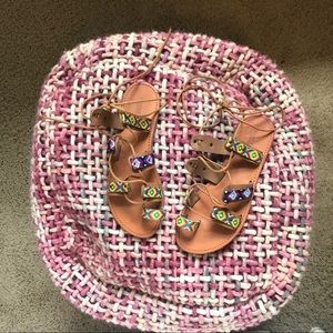 American Eagle Ankle Tie Up Sandals w/ Embroidery